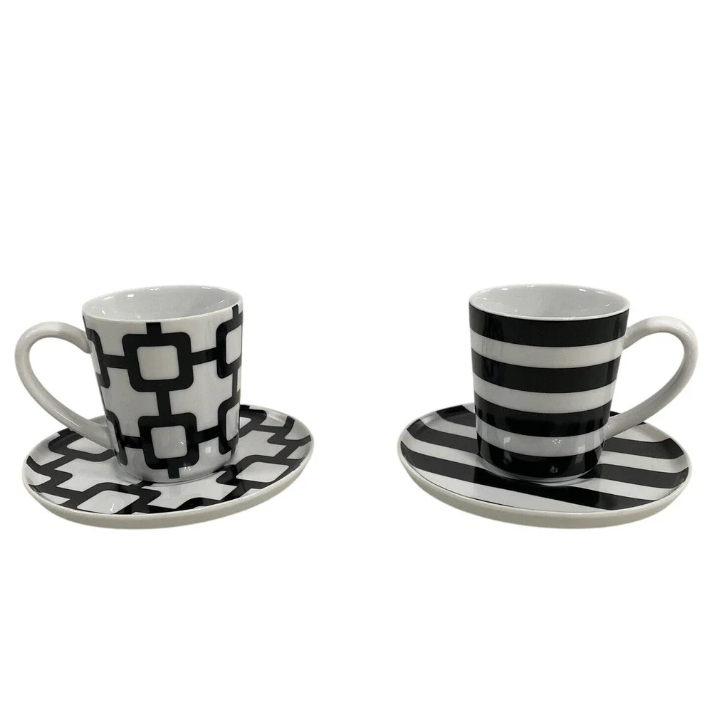 Crate & Barrel Demitasse‎ Espresso Cups Saucers White Black Geometric Porcelain